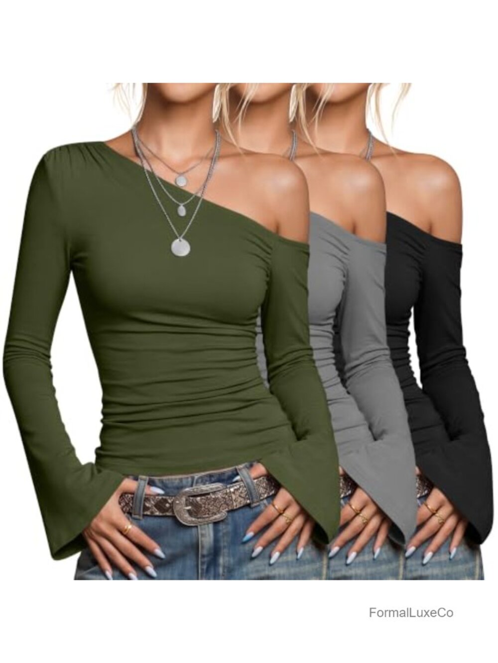 3 Pack Women's Off Shoulder Long Sleeve Tops Bell Sleeve Blouse Y2K
